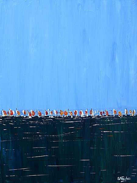 August Sails 12x16 - Blue seascape painting of a line of sails on a tranquil deep blue sea on canvas.