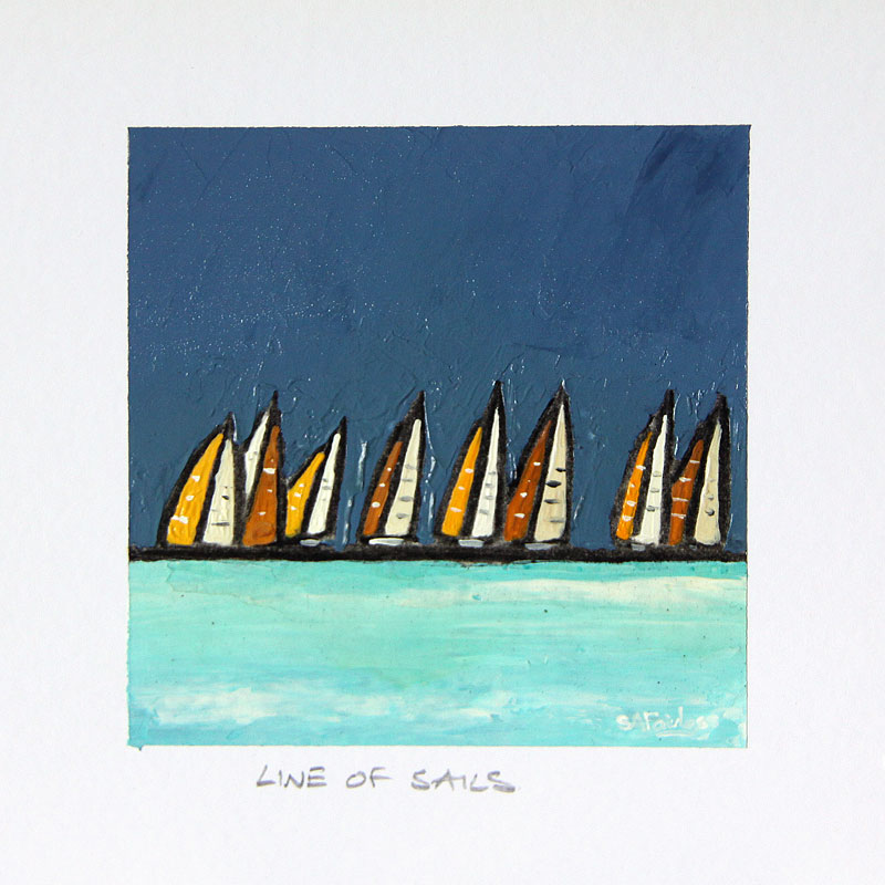 Line of Sails 4x4 - small seascape painting of a line of boats on the horizon a prfect gift. Framing available