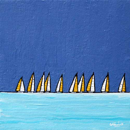 Yellow Sails 8x8 - small seascape painting of a line of boats on the horizon a prfect gift.