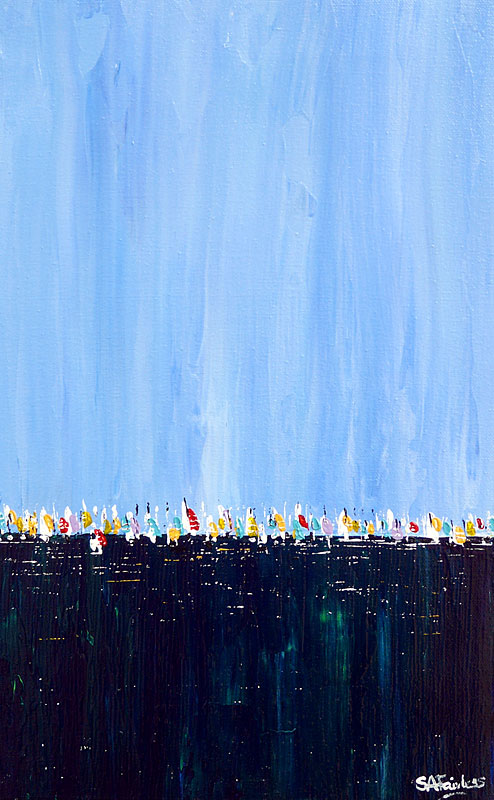 Regatta - 10x16 - Blue seascape painting of a line of sails on a tranquil deep blue sea on canvas.